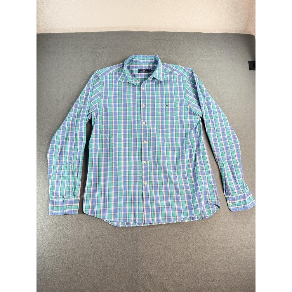 Vineyard Vines Shirt Mens Medium Blue Plaid Button Up Long Sleeve Stretch Casual